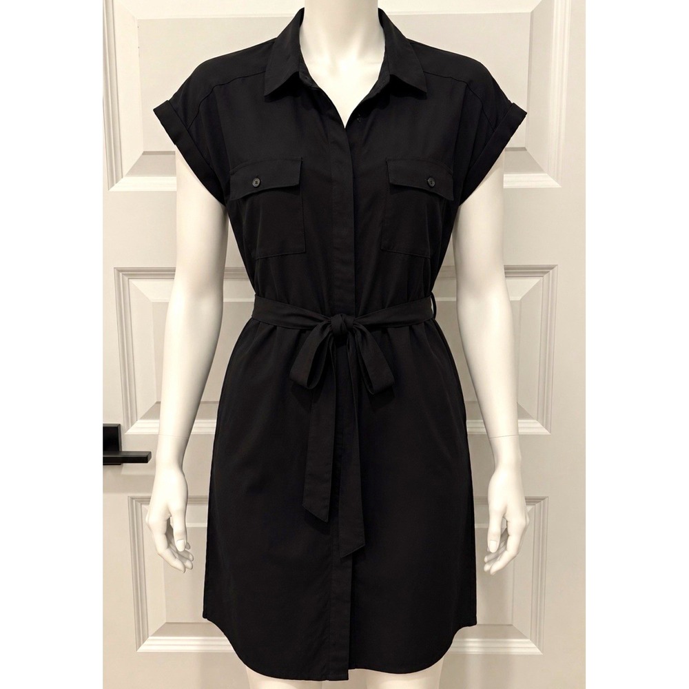 Express Women's Shirt Dress Black Medium M Short Sleeve Button-Front Belted